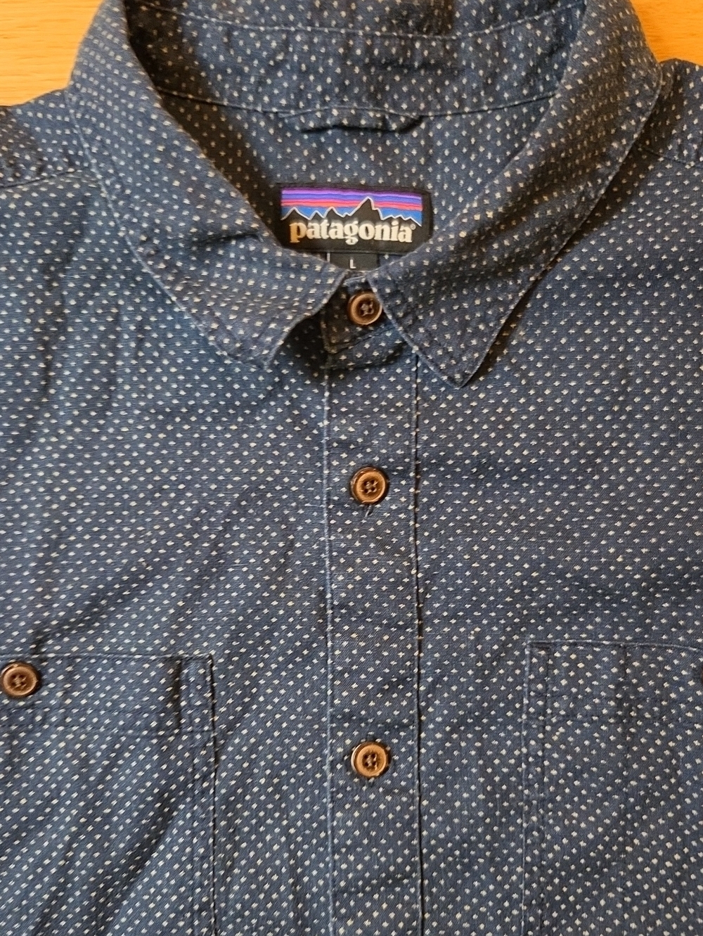 Patagonia Back Step Shirt Blue White Diamond Dobby Cotton Hemp Blend L